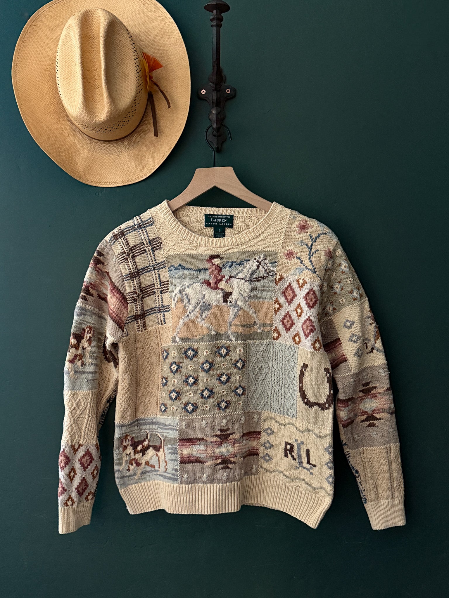 vintage ralph lauren sweater
ralph lauren patchwork knit
equestrian vintage sweater
heritage bohemian knitwear